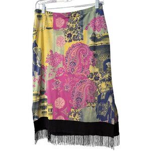 Bisou Bisou Boho Whimsical Fringe Hem Knee Skirt Paisley Architectural Print M
